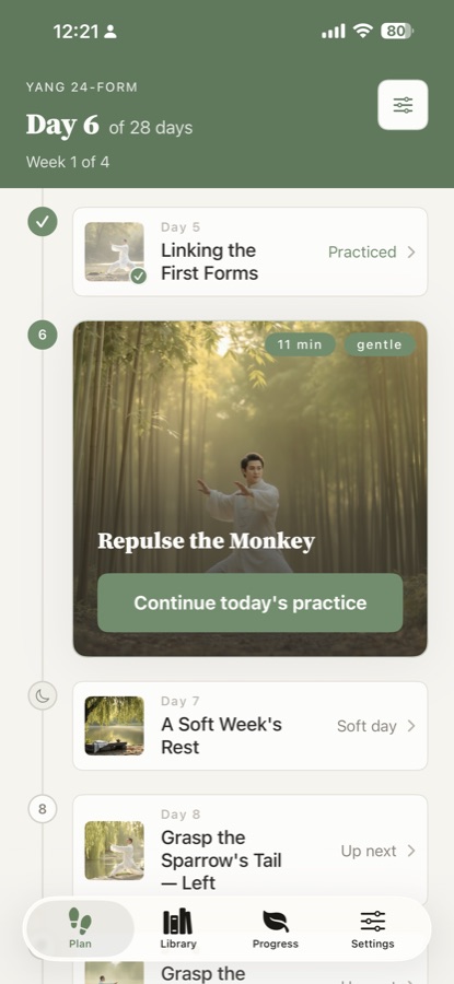 The Heron Plan tab on day 6 of 28. Today's session, Repulse the Monkey, shows an 11 minute gentle practice in a bamboo grove with a button that reads Continue today's practice.